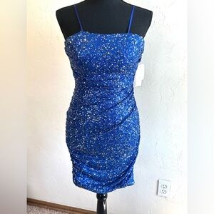 NWT Pear Culture Sapphire Blue Sequin Ruched Mini Prom Homecoming Dress Sz Lg